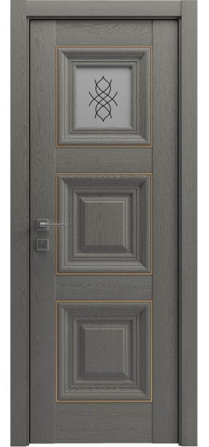 Межкомнатные двери с ПВХ покрытием Versal Irida со стеклом 1 с молдингом Basic золото (Irida-G1m-Basic-Gold)