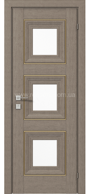 Межкомнатные двери с ПВХ покрытием Versal Irida со стеклом 3 с молдингом Basic золото (Irida-G3m-Basic-Gold)